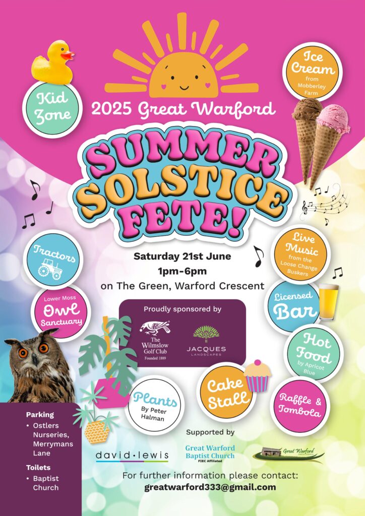 Great Warford Summer Solstice Fete on 21st June 2025 from 1pm to 6pm on The Green, Warford Crescent